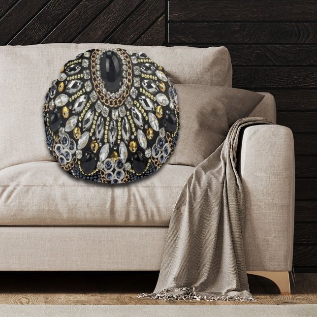 Gråglam konst deco black guld bohemian rund kudde (girly glam art deco black gold bohemian round pillow)