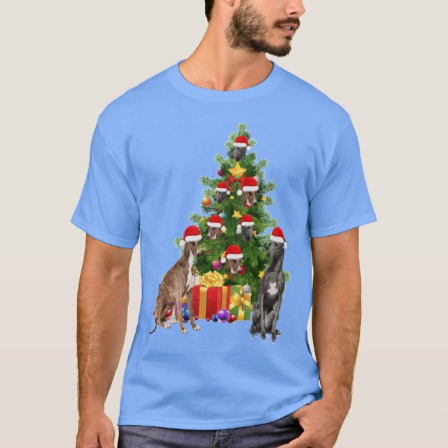 Gråhund hund julgran rolig t shirt (Framsida)