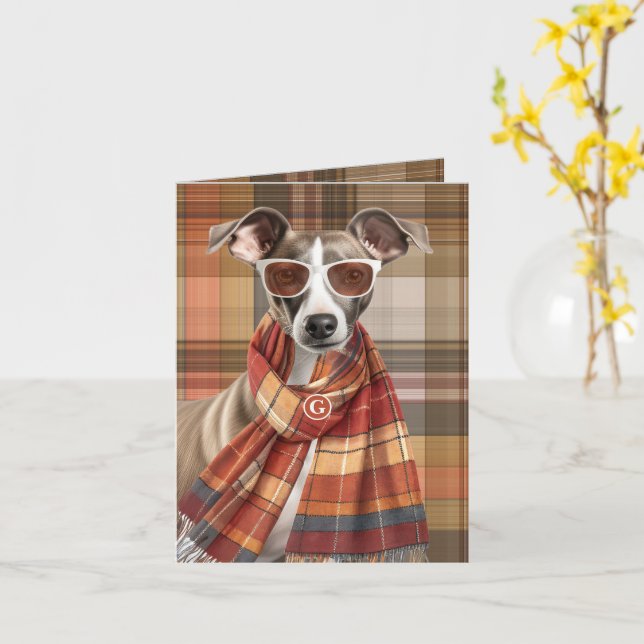 Gråhund Hund och Höst Plaid Monogram Kort (Gul blomma)