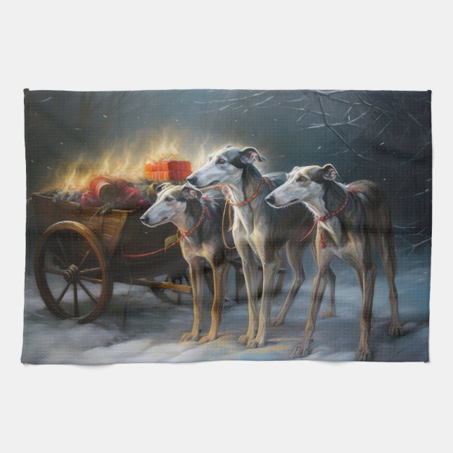 Gråhund Snöig Släd Jul Dekoration Kökshandduk (Horisontell)