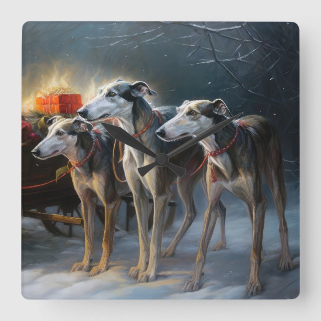 Gråhund Snöig Släd Juldekoration Fyrkantig Klocka (Framsida)