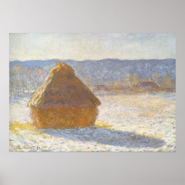 Grainstack i morgon, Snö-effekt av Claude Monet Poster (Framsidan)