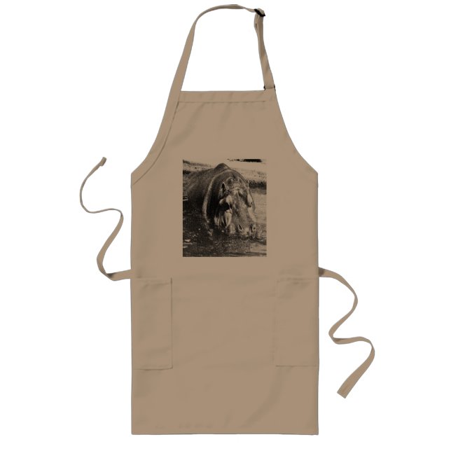 Grainy Black White Hippo Art, Apron Långt Förkläde (Framsidan)