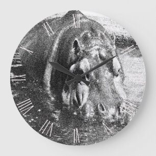 Grainy Black White Hippo Art, Pocket Wall Clock Stor Klocka