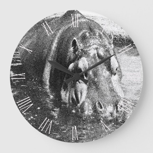 Grainy Black White Hippo Art, Pocket Wall Clock Stor Klocka (Framsida)