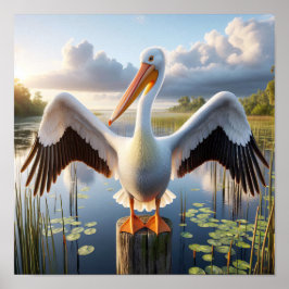 Graktsam amerikansk vit pelican i Serene Wetlands Poster
