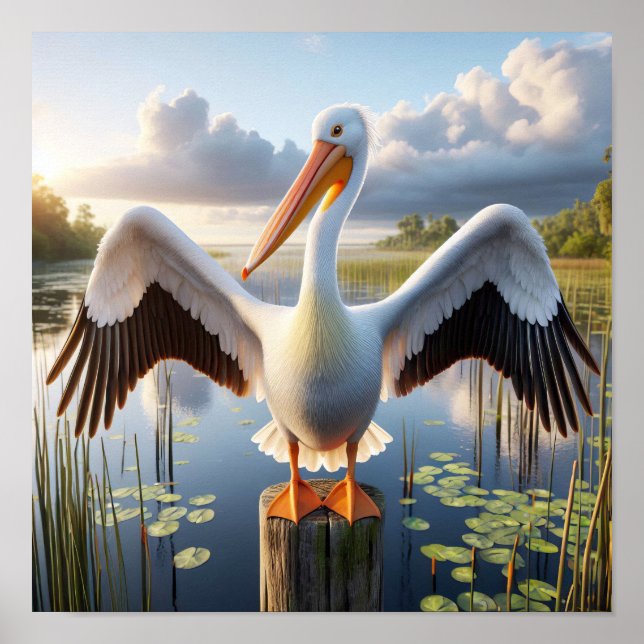 Graktsam amerikansk vit pelican i Serene Wetlands Poster (Framsidan)