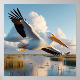 Graktsam amerikansk vit pelican i Serene Wetlands Poster