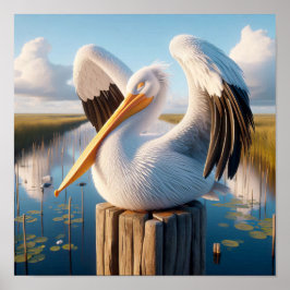 Graktsam amerikansk vit pelican i Serene Wetlands Poster