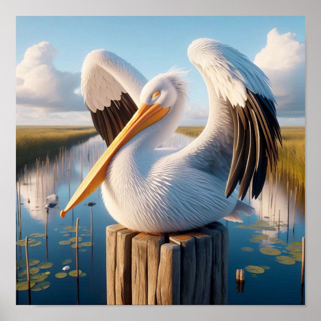 Graktsam amerikansk vit pelican i Serene Wetlands Poster (Framsidan)