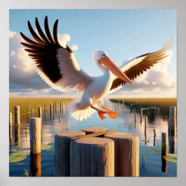 Graktsam amerikansk vit pelican i Serene Wetlands Poster