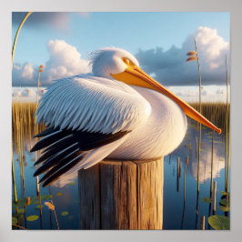 Graktsam amerikansk vit pelican i Serene Wetlands Poster