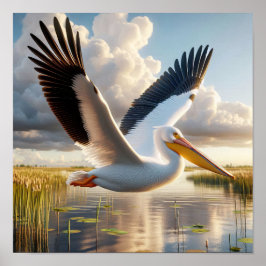 Graktsam amerikansk vit pelican i Serene Wetlands Poster