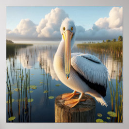 Graktsam amerikansk vit pelican i Serene Wetlands Poster