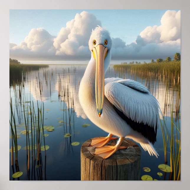 Graktsam amerikansk vit pelican i Serene Wetlands Poster (Framsidan)