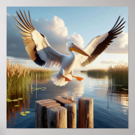 Graktsam amerikansk vit pelican i Serene Wetlands Poster