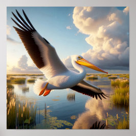 Graktsam amerikansk vit pelican i Serene Wetlands Poster