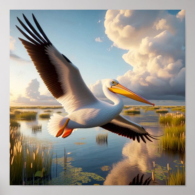 Graktsam amerikansk vit pelican i Serene Wetlands Poster (Framsidan)