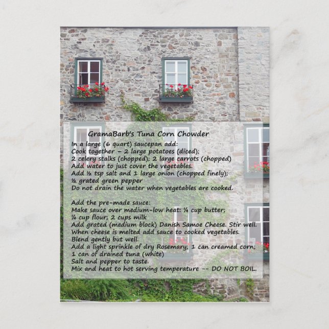 GramaBarb's Tuna Maj Chowder Recipe Vykort (Framsida)