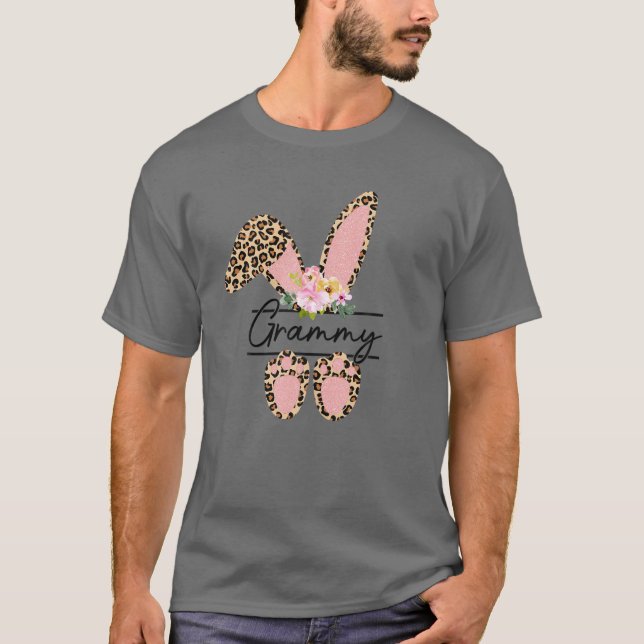 Grammy Bunny Leopard Flowers Cute Påsk Matching T Shirt (Framsida)