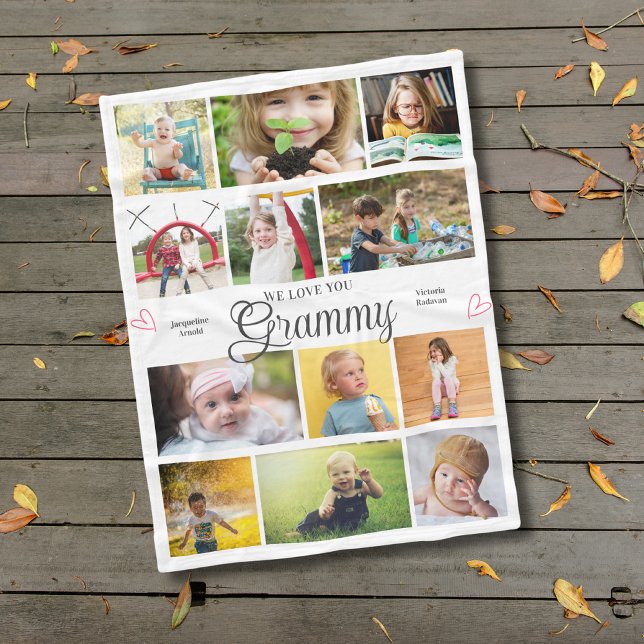 Grammy We Kärlek You Personlig Hjärtar Fleecefilt (Grammy personalized fleece blanket with 12 photos and custom text)