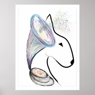 Gramophone Bull Terrier Music Surreal pet art Poster