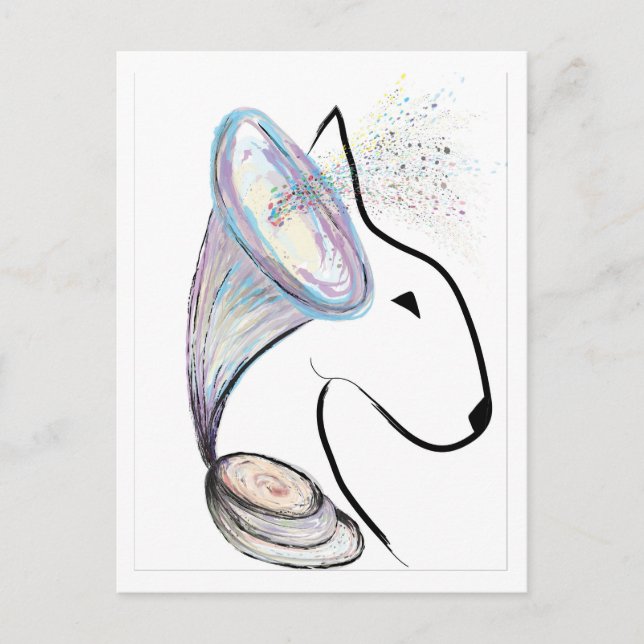 Gramophone Bull Terrier Music Surreal pet art Vykort (Framsida)