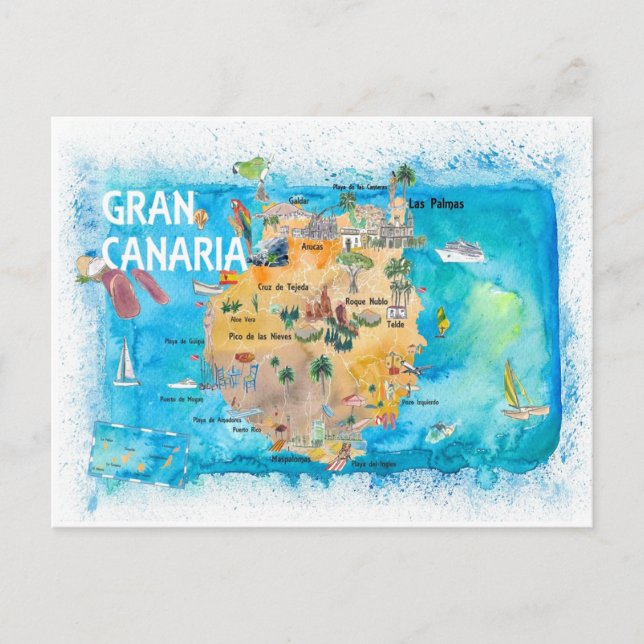 Gran Canarias Spain Illustrated Karta Vykort (Framsida)