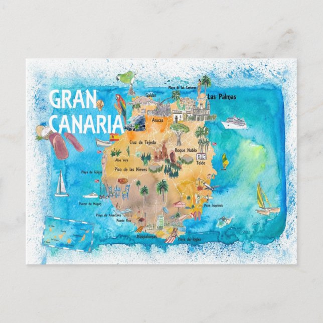 Gran Canarias Spain Illustrated Karta Vykort (Framsida)