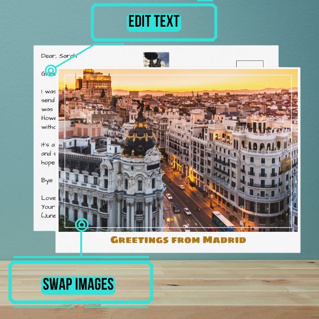 Gran Via Madrid Spain Modern Vykort (Share your experiences with these stylish template postcards.)