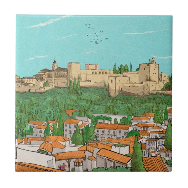 Granada Cityview Spain Ligcape Illustration Kakelplatta (Framsidan)
