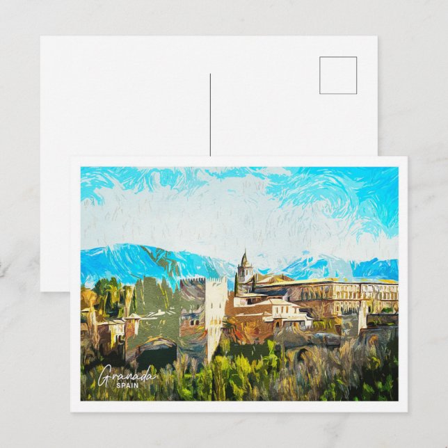 Granada Spain Bevackra Oil Paint Landscape Vykort (Fram/baksida)