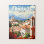 Granada Spain Travel Art Vintage Pussel<br><div class="desc">Granadas retro-vektorresedesign. Granada är en stad i den södra delen av Spanien, Andalusien, i Sierran Nevadas bergsområden.</div>