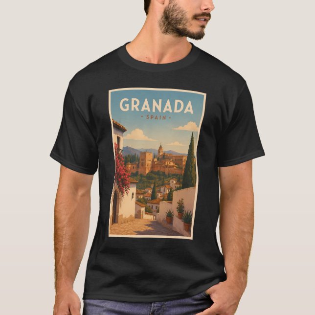 Granada Spanien Alhambra Illustration Resa Konst T Shirt (Framsida)