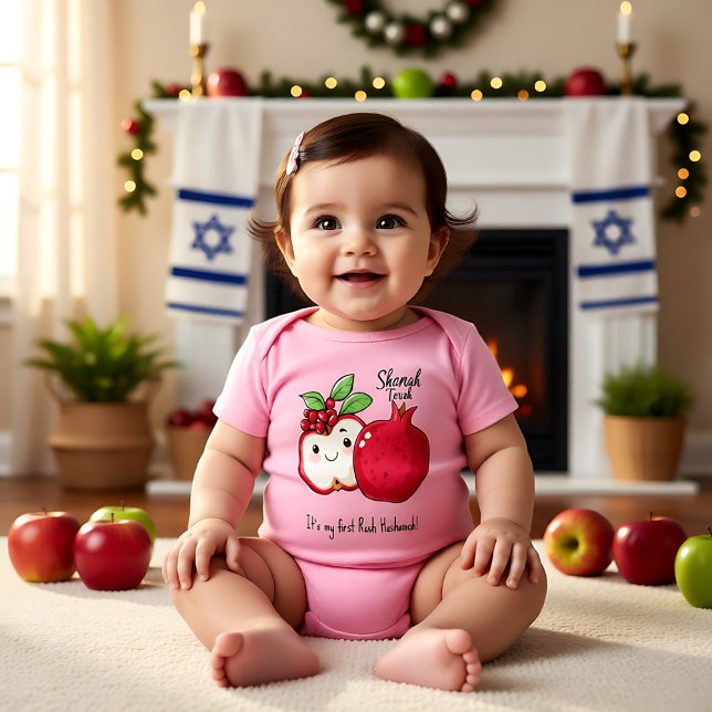 🍎 granat och äpple med anpassningsbar t shirt (🍎Pomegranate & Apple with custom text Baby Bodysuit)