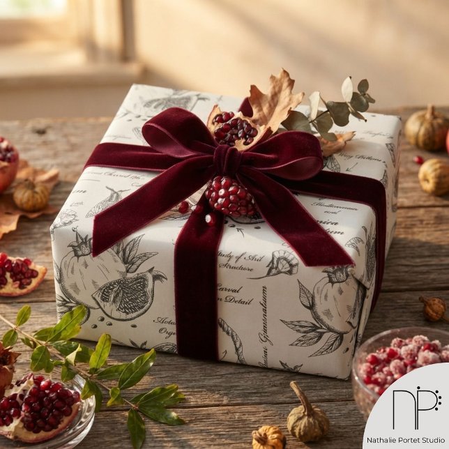 Granatäpple och medelhavsmal presentpapper (Elegant hand-drawn vintage pomegranate and European moth study in gray ink for nature lover)