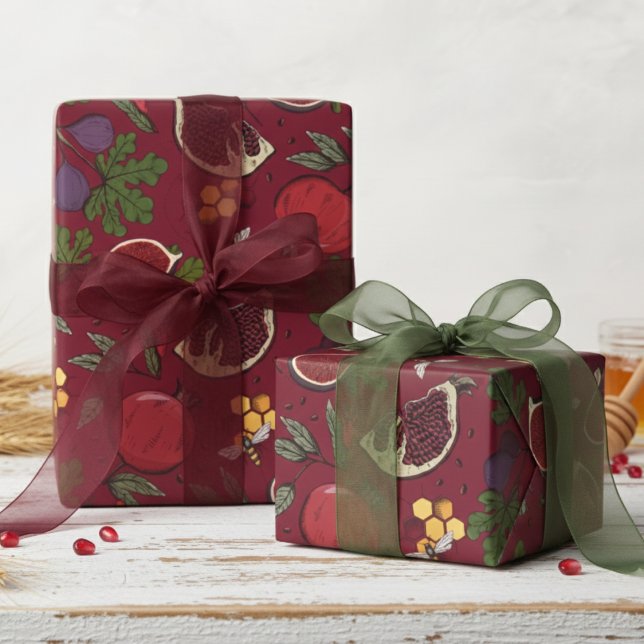 Granatäpplen, Fikon och Honungsbin Burgundy Presentpapper (Modern Burgundy Fruit Wrapping Paper.  Pretty Pomegranates, Figs & Bees Pattern for Jewish New Year.)