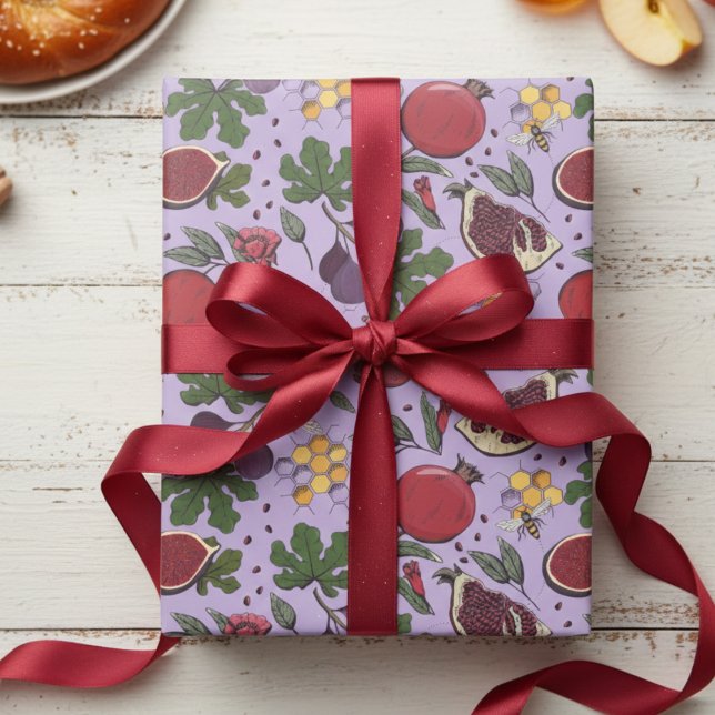 Granatäpplen, Fikon och Honungsbin Lila Presentpapper (Purple and Red Jewish Rosh Hashanah Gift Wrap. Elegant Pomegranate & Fig Fruit & Honey Bees Pattern)