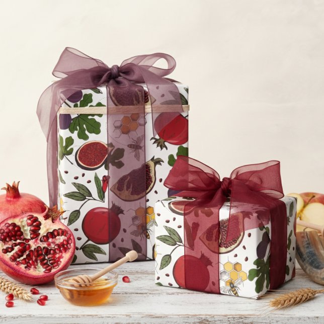 Granatäpplen, Fikon och Honungsbin Presentpapper (Pretty Botanical Pomegranate Fruit, Figs, Honey Bees, Honeycomb Wrapping Paper. Jewish Rosh Hashanah)
