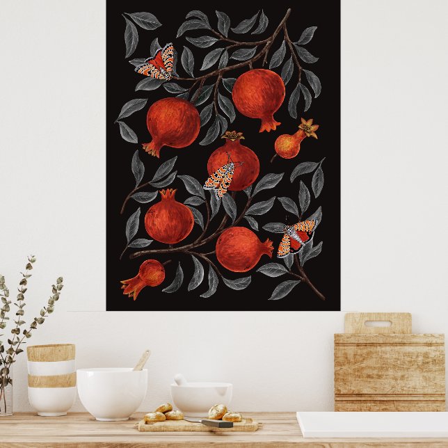 Granatäpplen och Bella-malar i rött och grått Poster (Kök)