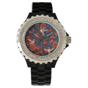 Granatäpplen och hummerfåglar/blå löv på svart armbandsur