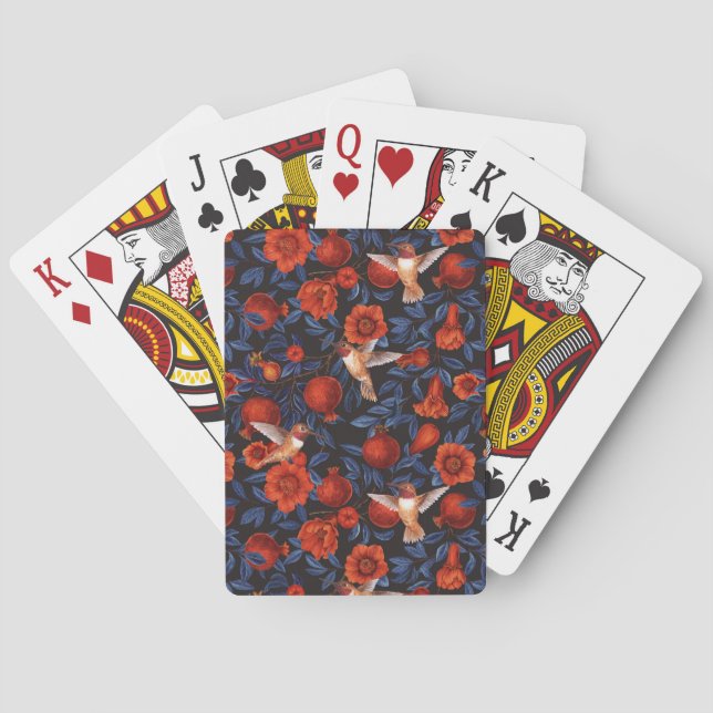 Granatäpplen och hummerfåglar/blå löv på svart casinokort (Baksidan)