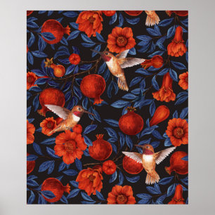 Granatäpplen och kolibrier/gröna blad på svart poster