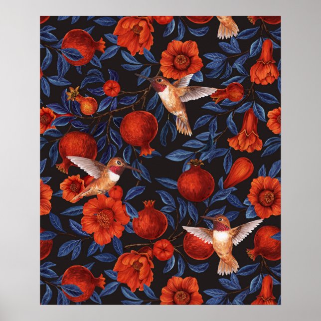 Granatäpplen och kolibrier/gröna blad på svart poster (Framsidan)