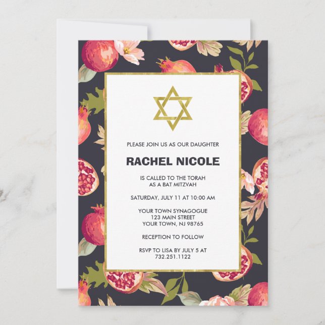 Granater och blommor med Guld Bat mitzvah Inbjudningar (Framsida)