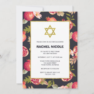 Granater och blommor med Guld Bat mitzvah Inbjudningar