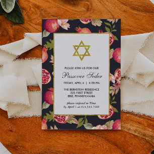 Granater och blommor med Guld Pesach Seder Inbjudningar