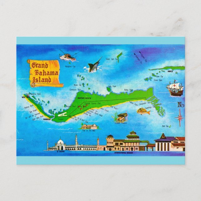 Grand Bahama Island Antik Karta Vykort (Framsida)