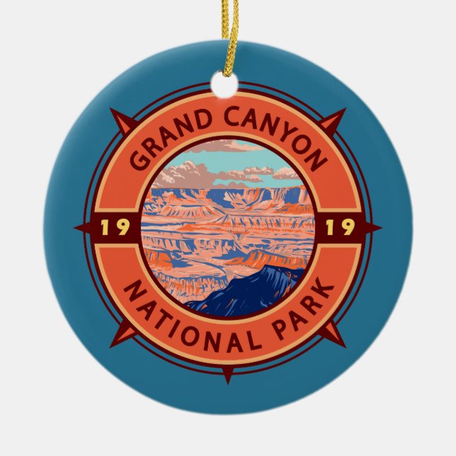 Grand Canyon National Park Retro Compass Emblem Julgransprydnad Keramik (Framsidan)