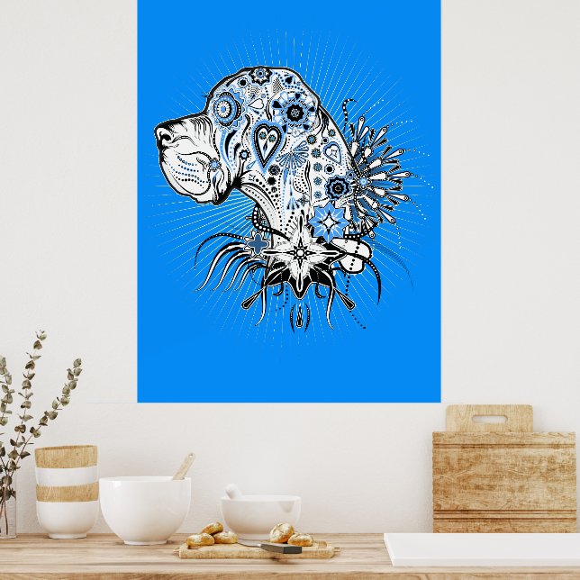 Grand danois på blå poster (Kök)